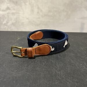 Preston Leather Belt Mens 30 Navy Marthas Vineyard Embroidered Brass Buckle USA